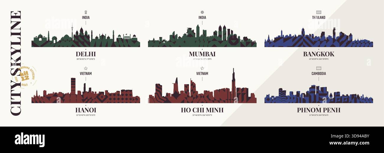 Silhouetten der Skyline Delhi, Mumbai, Bangkok, Hanoi, Ho Chi Minh, Phnom Penh, Panoramablick auf indische und südostasiatische Stadt Horizont mit Abstra Stock Vektor
