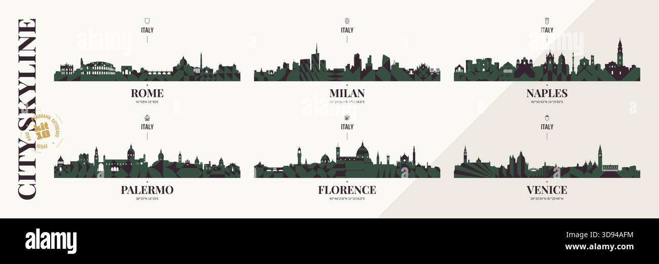 Silhouetten der Skyline Rom, Mailand, Neapel, Palermo, Florenz, Venedig, Panoramablick auf den italienischen Stadthorizont mit abstraktem Brutalismus, geometrischem Muster Stock Vektor