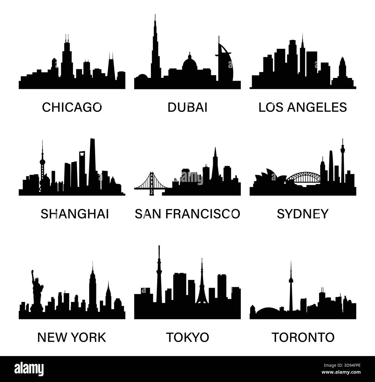 Silhouetten der Weltstadt. Chicago, Dubai, Los Angeles, Shanghai, San Francisco, Sydney, New York, Tokio, Toronto. Vektorabbildung. Stock Vektor