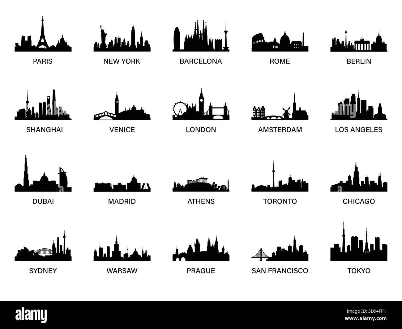 Silhouetten der Skyline der Stadt. Paris, New York, Barcelona, Rom, Berlin, Shanghai, Venedig, London, Amsterdam, Los Angeles, Dubai, Madrid, Athen, Toronto Stock Vektor