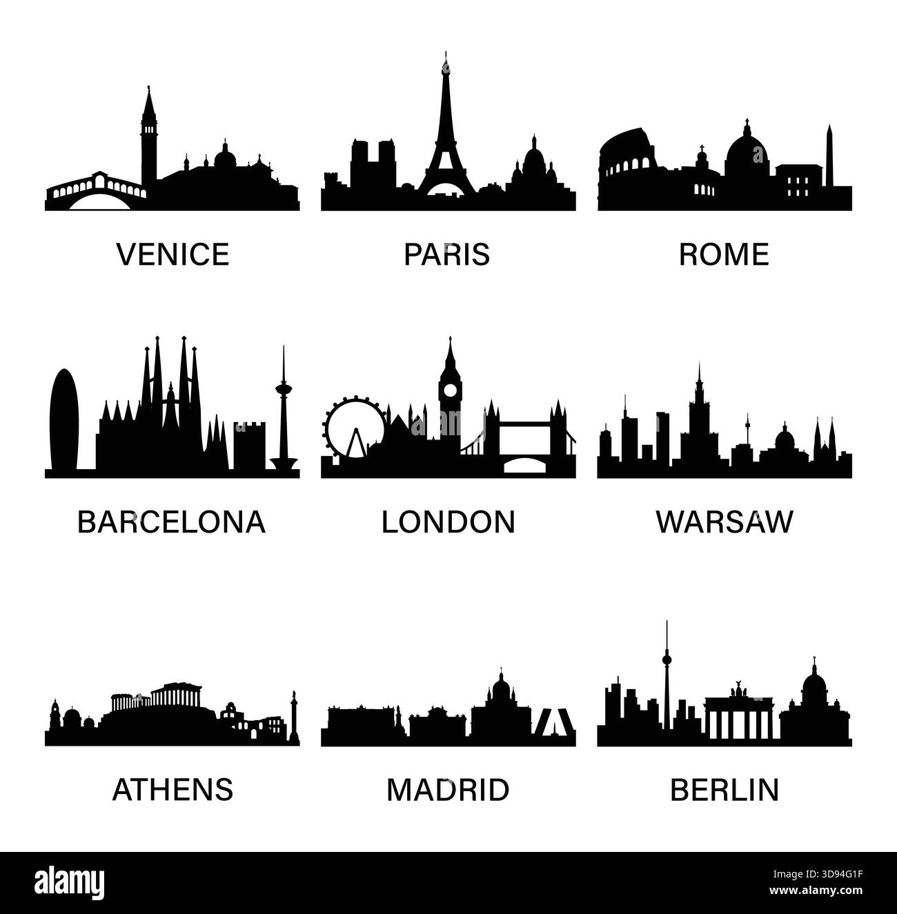Skylines der Stadt gesetzt. Venedig, Paris, Rom, Barcelona, London, Warschau, Athen, Madrid, Berlin. Vector Silhouette Kollektion. Stock Vektor