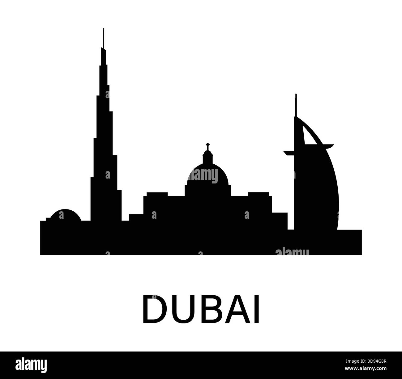 Skyline von Dubai. Burj Khalifa und Burj Al Arab. Einfaches schwarzes Stadtbild für Reisen, Infografik, Design. Stock Vektor