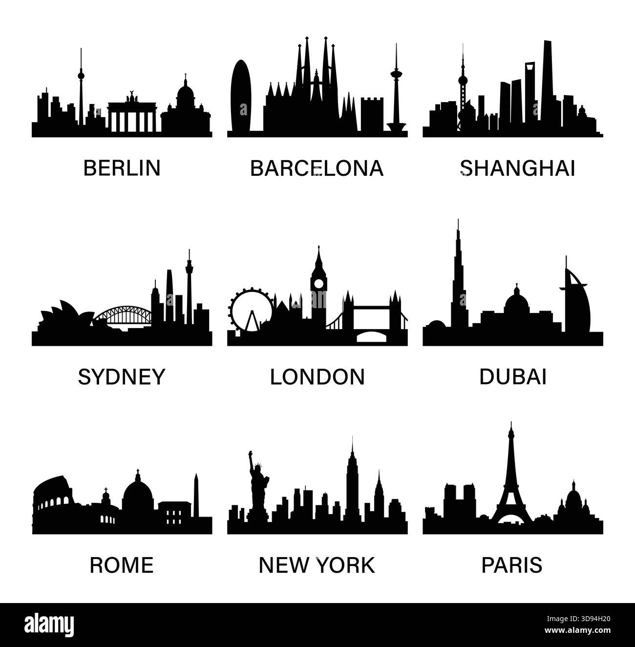 Silhouetten der Skyline der Stadt. Berlin, Barcelona, Shanghai, Sydney, London, Dubai, Rom, New York, Paris. Vektorvorlage. Stock Vektor