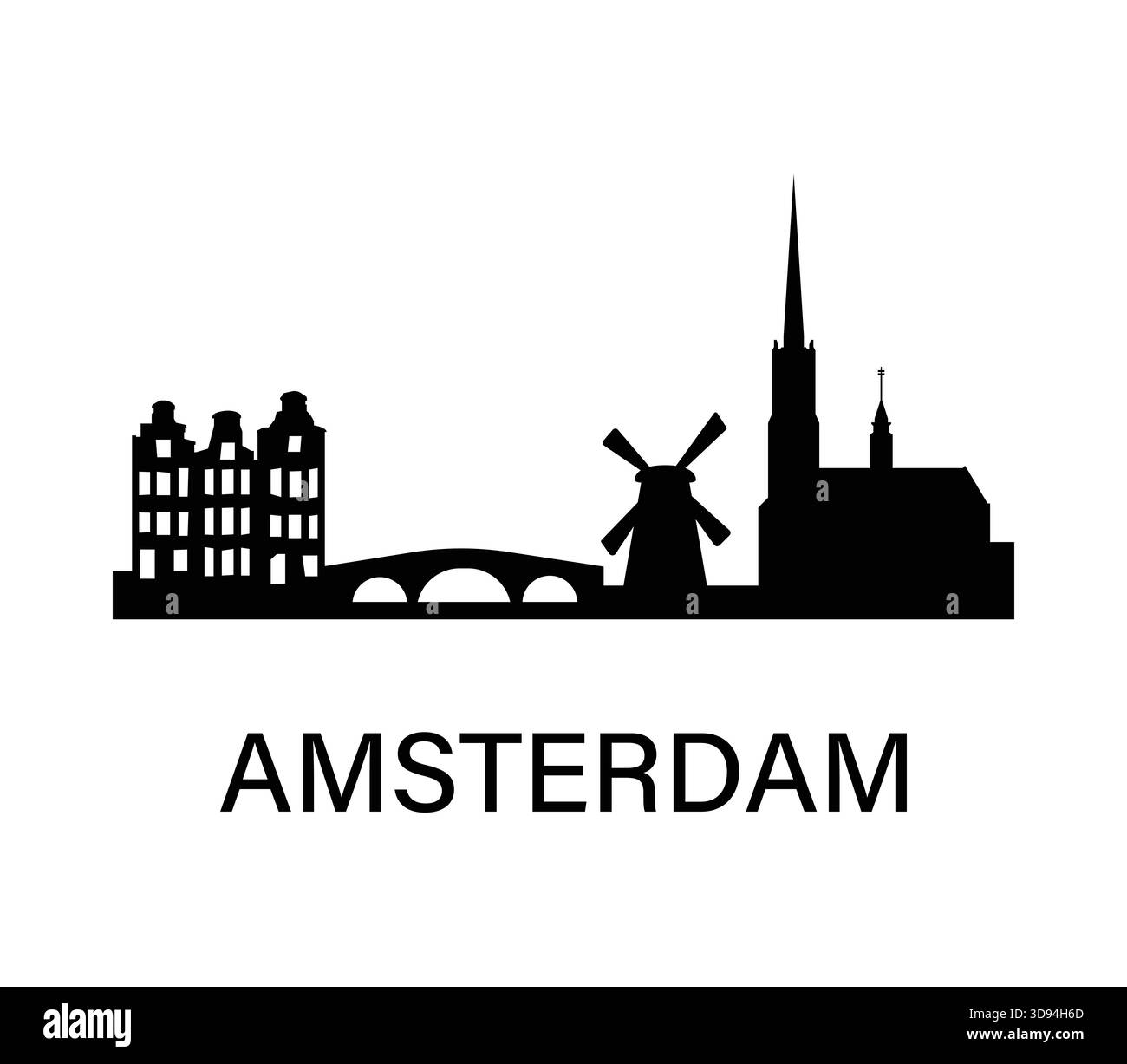 Silhouette der Amsterdamer Skyline. Berühmte niederländische Architektur, Windmühle und Kirche. Einfaches schwarzes Stadtbild für Reisen, Infografik, Design. Stock Vektor