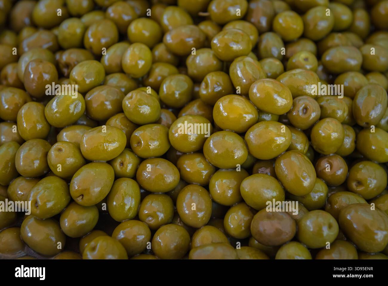 Nahaufnahme glänzender grüner Oliven, dicht verpackt und mariniert, mit glatten Oberflächen, ovalen Formen und subtilen Variationen Stockfoto