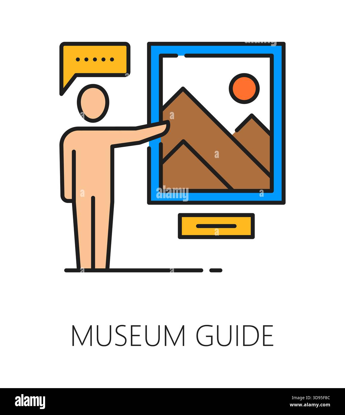 Museum Kunstgalerie und Ausstellung Farblinie Symbol des Führers, Vektorpiktogramm. Antiquitätenausstellung und Kunstgalerie Ikone mit Führungen für Künstlermalereien und Kunstwerke Meisterwerke Stock Vektor