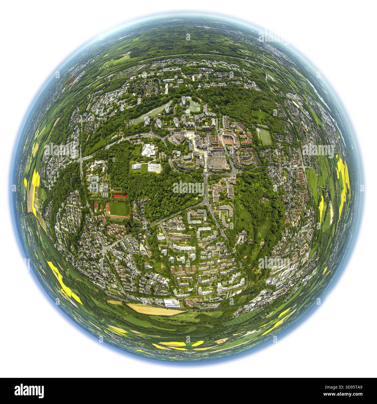 Erkrath-Hochdahl als Fischaugenbild, Fischaugenlinse, als Globus, Erkrath, Rheinland, Nordrhein-Westfalen, Deutschland Stockfoto