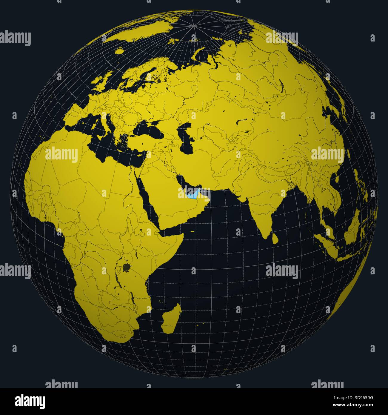 Die Vereinigten Arabischen Emirate auf einem Globus. Landansicht auf der Weltkarte in einer Farbpalette in leuchtendem Gelb. Die Form der Vereinigten Arabischen Emirate auf der Karte. Stock Vektor