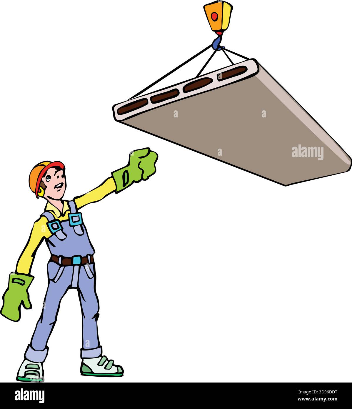 Eine Abbildung eines Arbeiters mit Schutzhelm und blauem Overall, der einen Kran lenkt, der eine große Betonplatte hebt. Stock Vektor