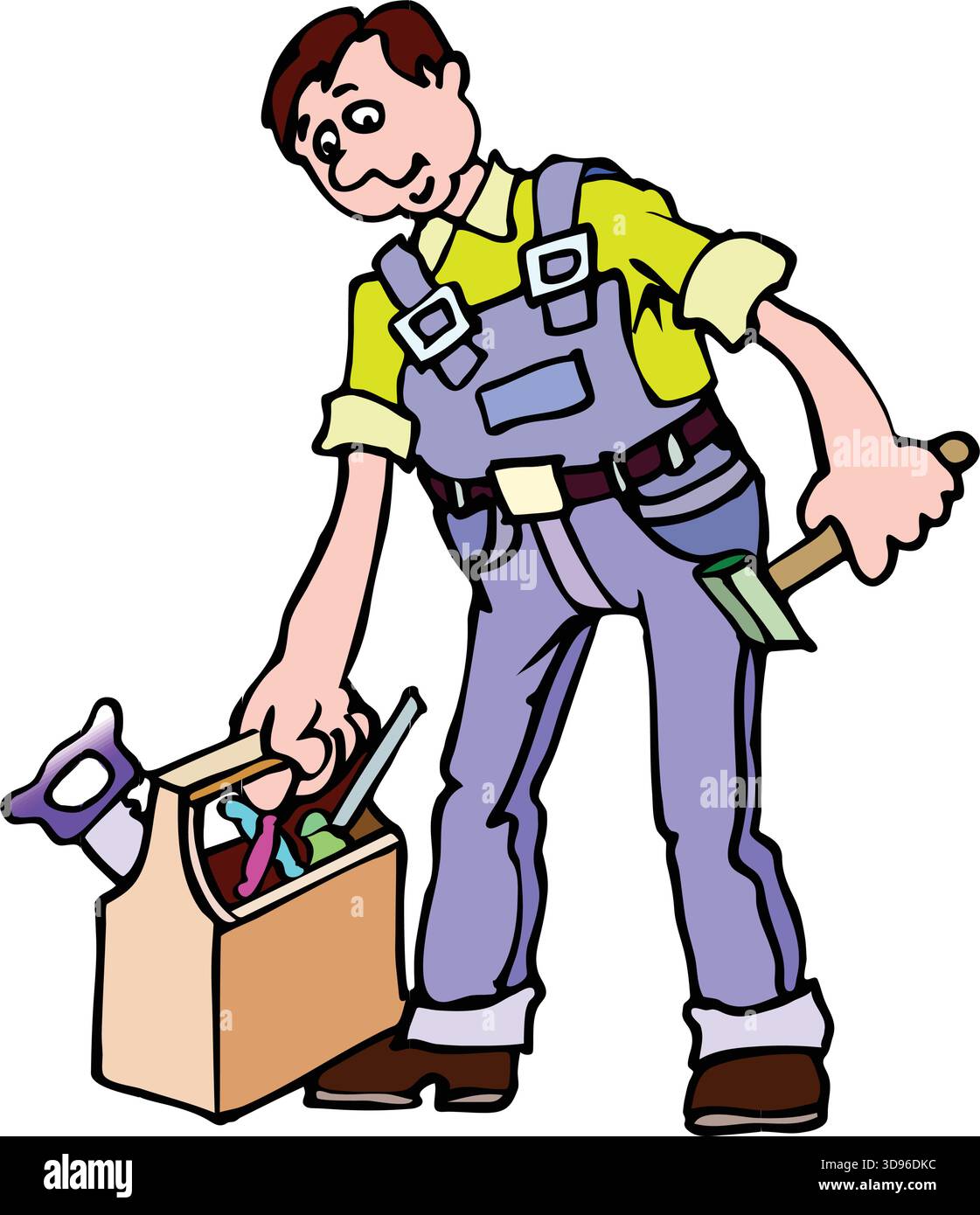Eine Illustration eines Arbeiters, der einen Hammer hält und neben einem hölzernen Werkzeugkasten steht, gefüllt mit bunten Werkzeugen Stock Vektor