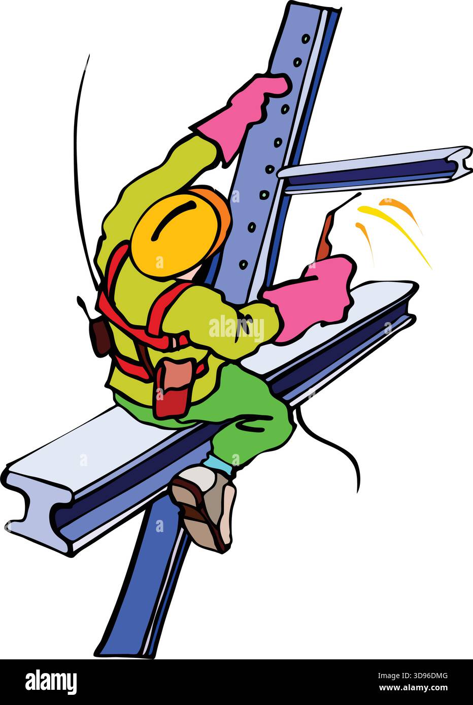 Eine Illustration eines Arbeiters mit Schutzhelm und grünen, gleichmäßigen Stahlträgern auf einer Baustelle Stock Vektor