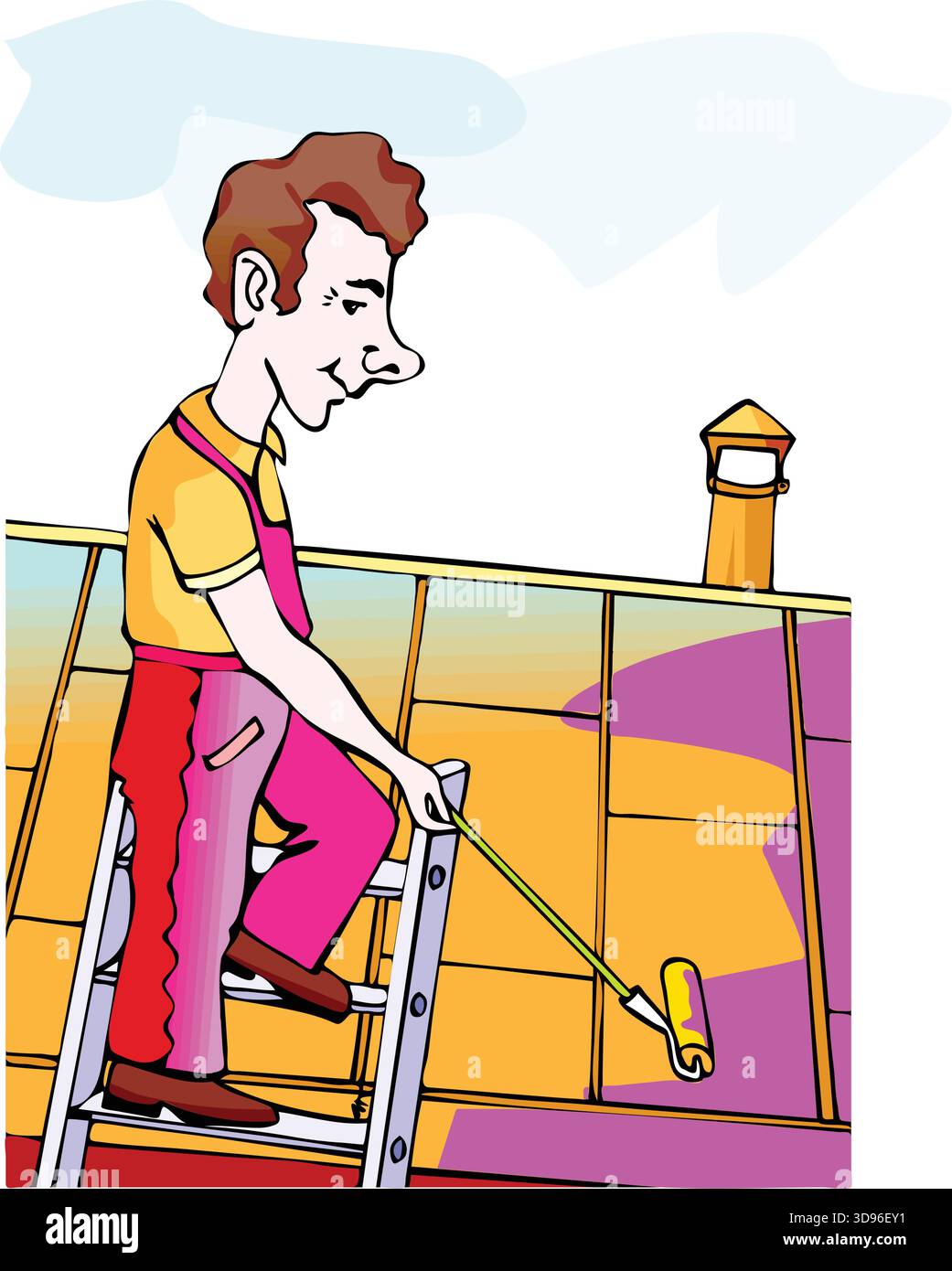 Eine Illustration eines Arbeiters in Hemd und Overall, der auf einer Leiter steht und mit einer Rolle eine Wand malt Stock Vektor