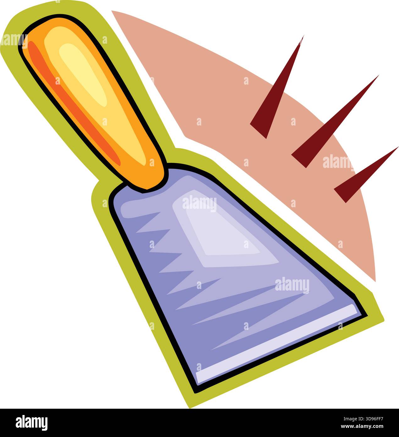 Eine Illustration einer Kelle mit blauer Klinge und gelbem Griff, die vor einem pfirsichfarbenen Hintergrund im Cartoon-Stil steht Stock Vektor