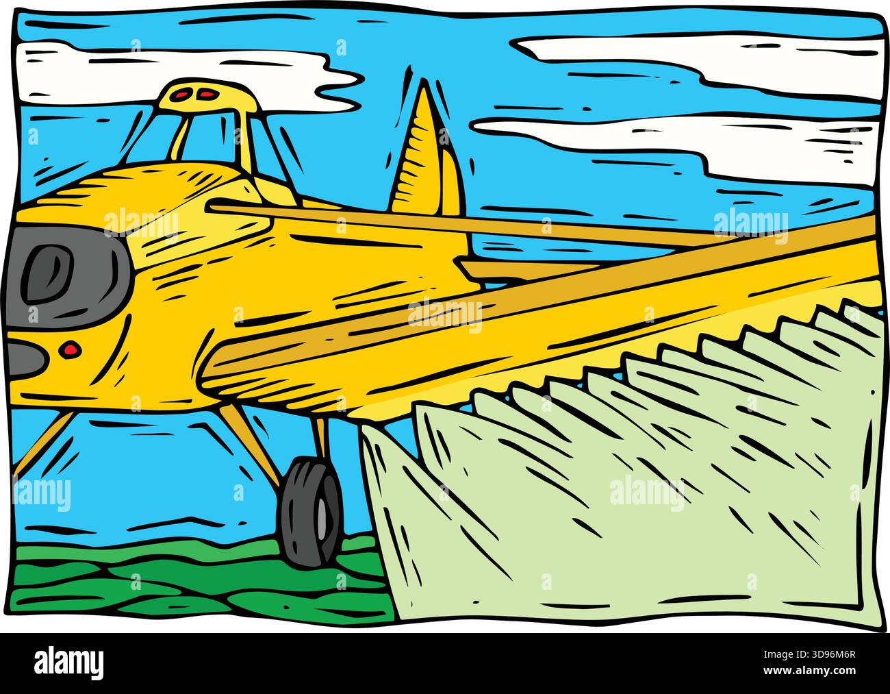 Abbildung eines gelben Staubschutzflugzeugs mit Motor, das über einem grünen Feld mit Himmel und Wolken positioniert ist Stock Vektor