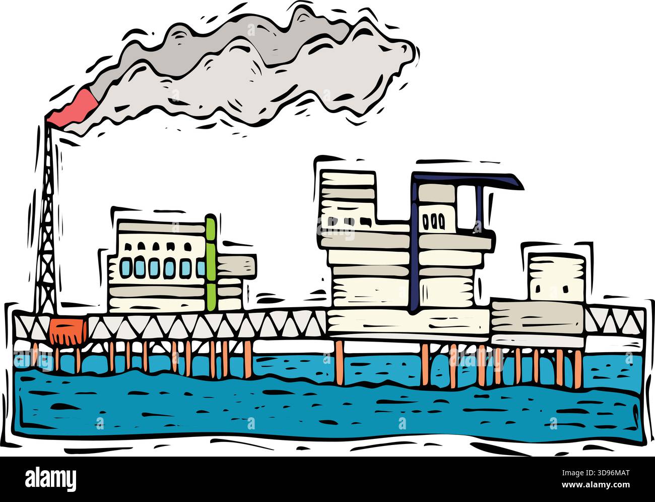 Abbildung einer Offshore-Industrieplattform auf Stelzen über dem Wasser, mit einem hohen Schornstein, der grauen Rauch ausstrahlt Stock Vektor