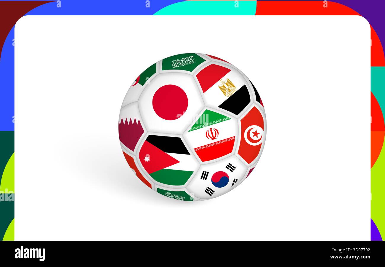 Fußball mit asiatischen und nahöstlichen Fahnen. Repräsentiert regionale und internationale Sportwettbewerbe im Fußball. Vektorabbildung. Stock Vektor