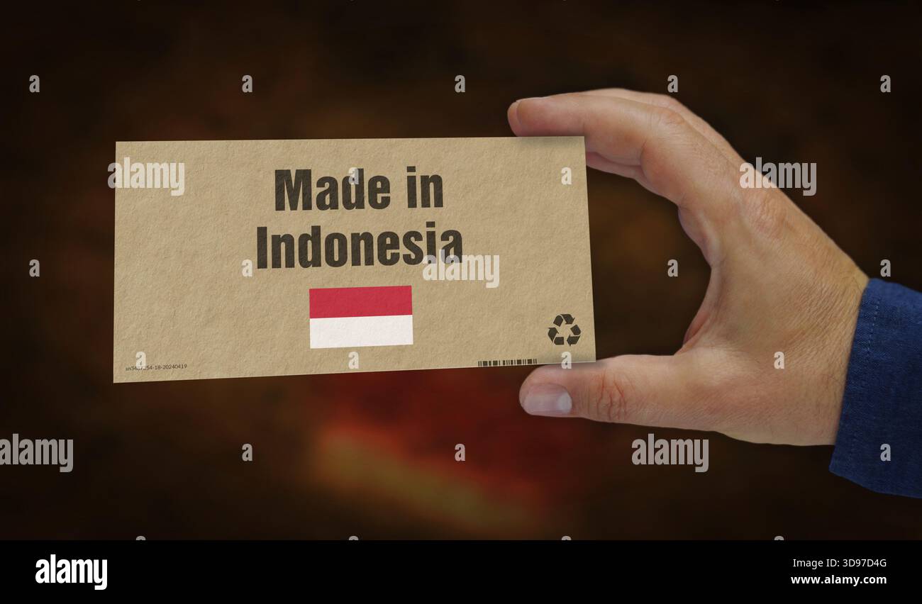 Hergestellt in Indonesien Box in Hand. Indonesischer Export Import Herstellung und Lieferung. Produktfabrik, Import und Export. Abstraktes Konzept 3D Illustrati Stockfoto