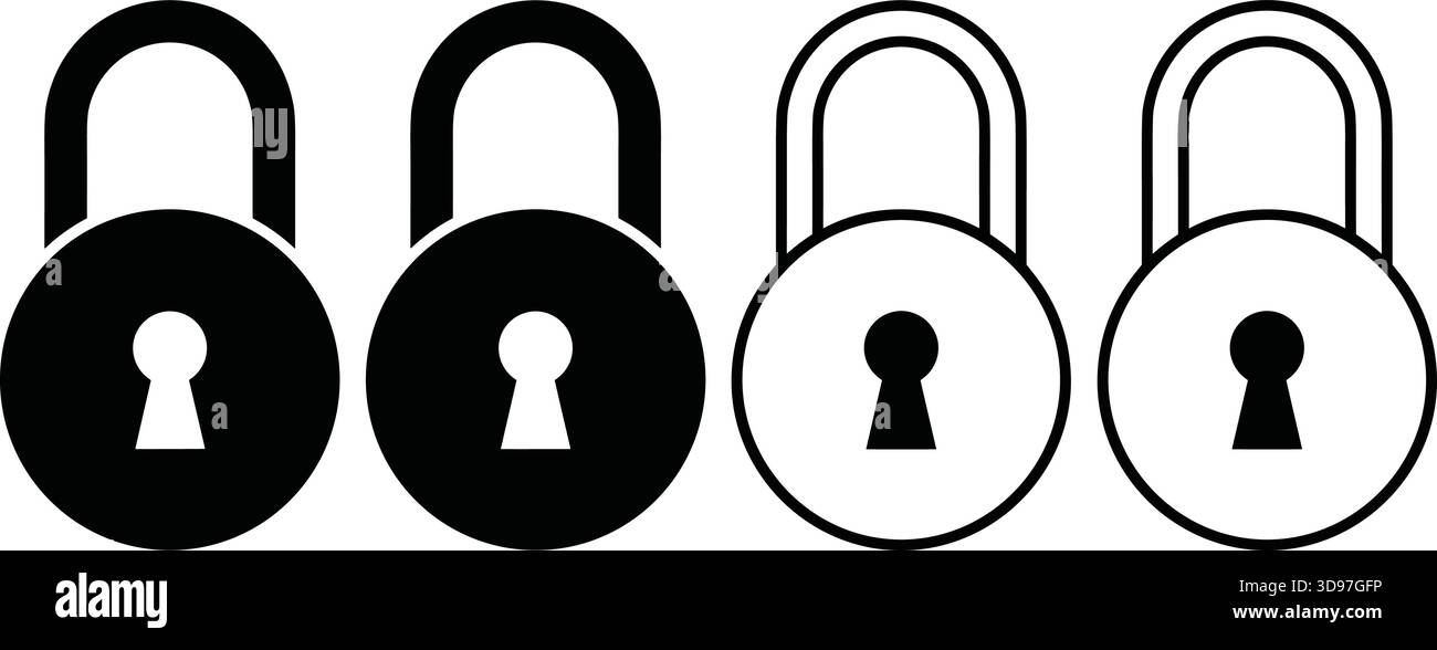 Vorhängeschloss-Symbolsatz, schwarz-weiß, Sicherheitssymbole, Zugangskontrolle, Datenschutzdesign, Vektor, isoliert, Rohtabbildung Stock Vektor