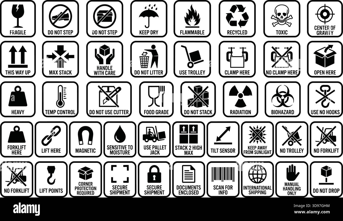 Symbolsatz für Sicherheit und Handhabung, Verpackungssymbole, Industrieschilder, Schwarzweiß-Vektor, Logistik, Achtung, Lagerabbildung Stock Vektor