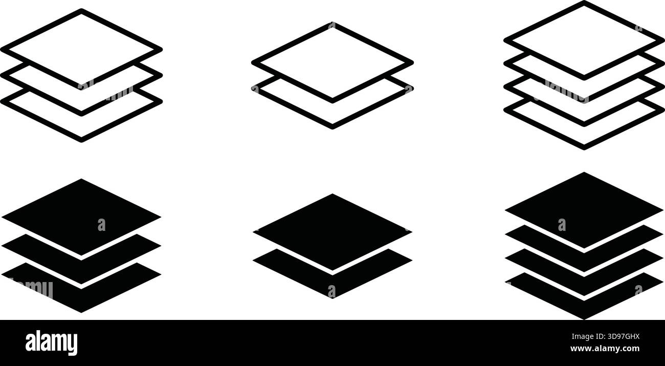 Symbolsatz auf Rautenebene, gestapeltes Kacheldesign, Schwarzweiß-Vektor, Schnittstellensymbol, isoliert, Stock-Grafik, UI-Element Stock Vektor