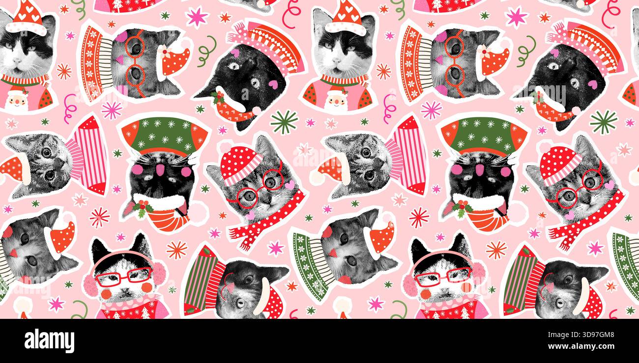 Weihnachtskatzen mit hässlichen Sweatshirts und Weihnachtsmützen nahtloses Muster, festlicher Tierhintergrund für Feiertagsparty-Designs, Banner und Verpackung Pa Stock Vektor