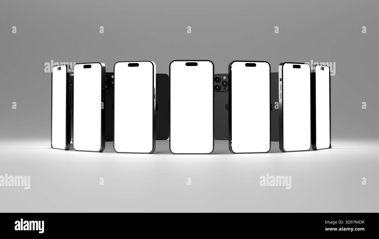 Viele iPhone 14 Pro Max für Modelle werden in konvexer Kreisform angezeigt. Ansicht eines Mobiltelefons mit leerem Bildschirm zum Platzieren Ihrer Designs. R Stockfoto