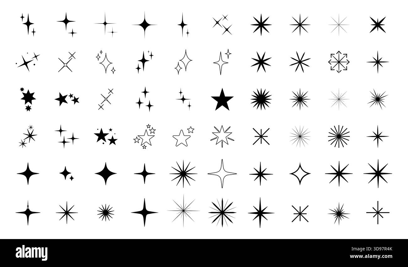 Schwarz glitzernde Symbole gesetzt. Geometrische Vintage-Figuren. Feuerwerk, Starburst und Sonnenschein. Flare, Flammen und Licht. Modellvektorsammlung Stock Vektor