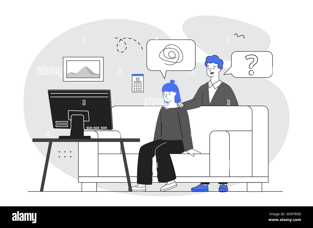 Freund, der psychologische Unterstützung anbietet. Der Mann unterstützt die Frau. Psychische Versorgung. Bekämpfung von Depressionen und Störungen. Fürsorge und Unterstützung, Empathie. Linear Stock Vektor