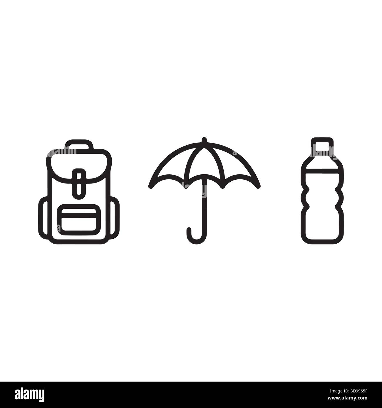 Unverzichtbare Outdoor-Ausrüstung, einschließlich eines Rucksacks mit Wasserflasche Regenschirm und einer kleinen Tasche für Reisen Stock Vektor