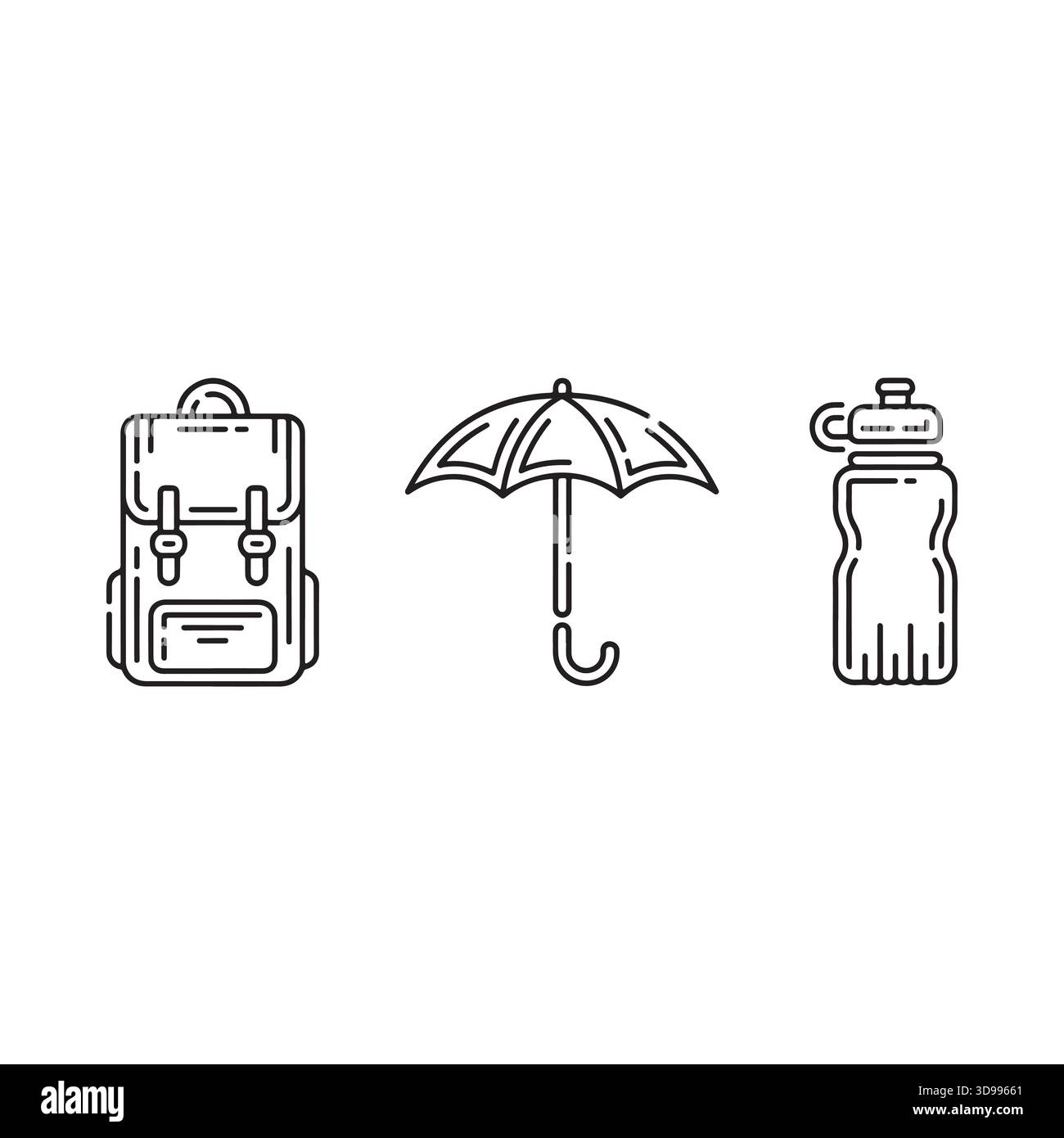 Unverzichtbare Outdoor-Ausrüstung, einschließlich eines Rucksacks mit Wasserflasche Regenschirm und einer kleinen Tasche für Reisen Stock Vektor