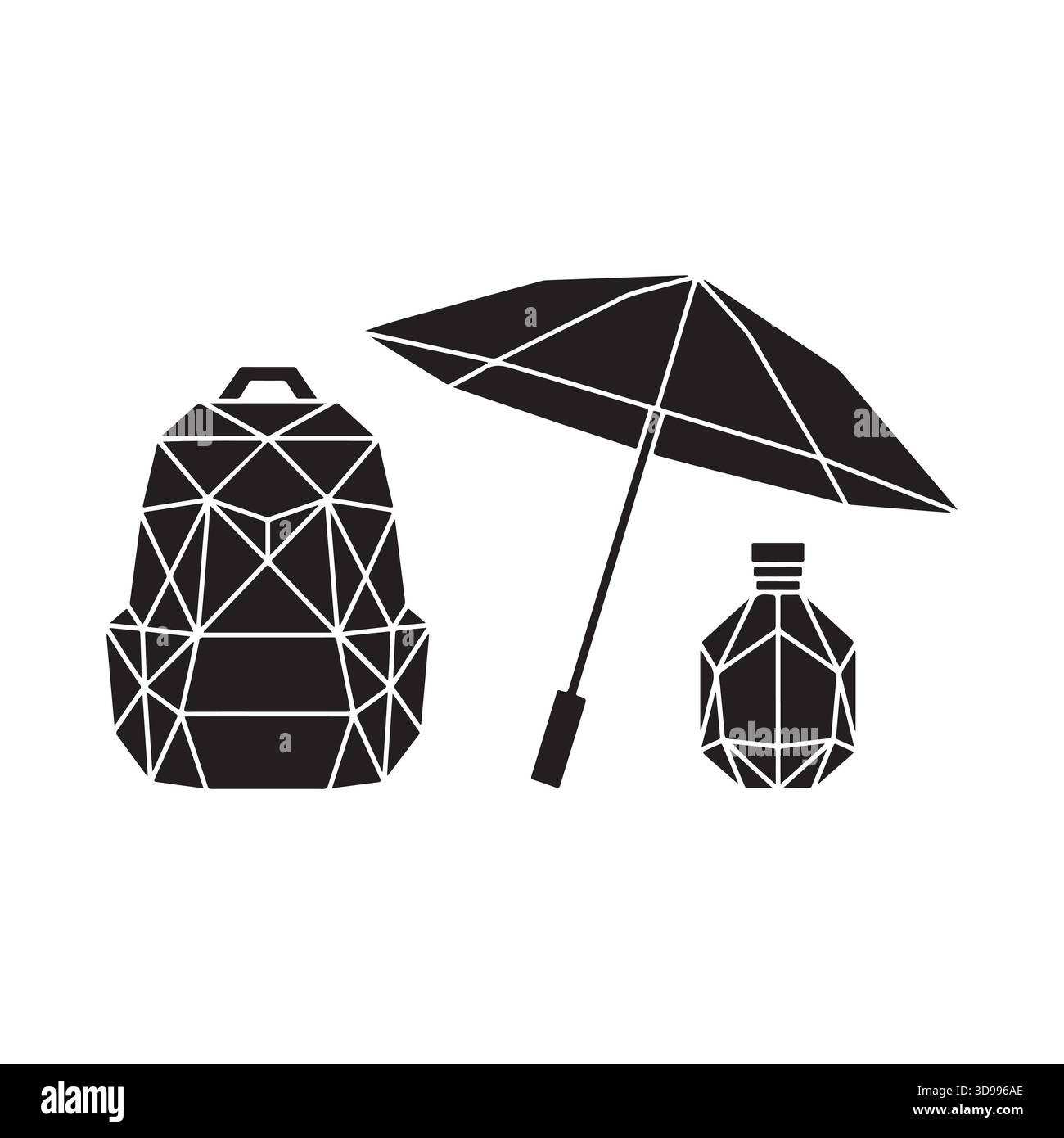 Unverzichtbare Outdoor-Ausrüstung, einschließlich eines Rucksacks mit Wasserflasche Regenschirm und einer kleinen Tasche für Reisen Stock Vektor