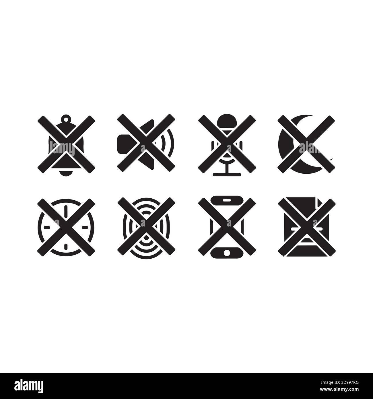 Sammlung von acht wichtigen Symbolen für die digitale Schnittstelle, einschließlich Mikrofon für die Lautstärke der Benachrichtigungsglocke, Mond-Uhr, Fingerabdrucktelefon und Dokument Stock Vektor