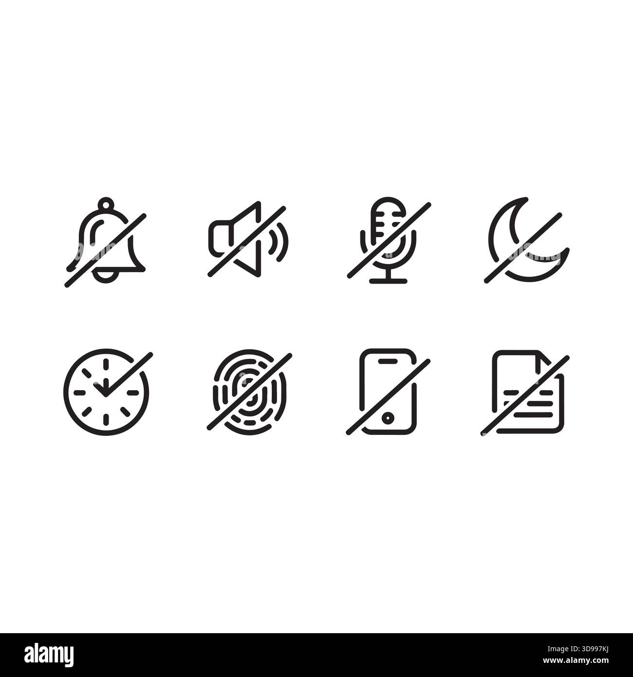 Sammlung von acht wichtigen Symbolen für die digitale Schnittstelle, einschließlich Mikrofon für die Lautstärke der Benachrichtigungsglocke, Mond-Uhr, Fingerabdrucktelefon und Dokument Stock Vektor