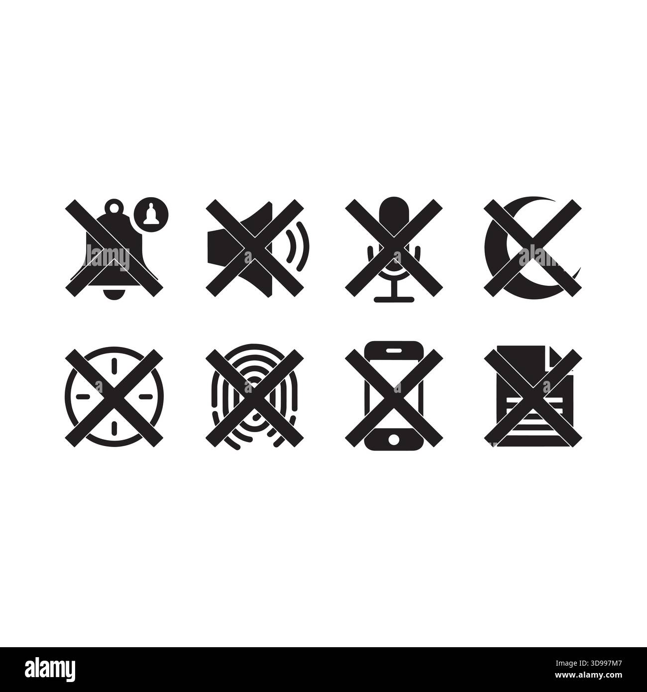 Sammlung von acht wichtigen Symbolen für die digitale Schnittstelle, einschließlich Mikrofon für die Lautstärke der Benachrichtigungsglocke, Mond-Uhr, Fingerabdrucktelefon und Dokument Stock Vektor