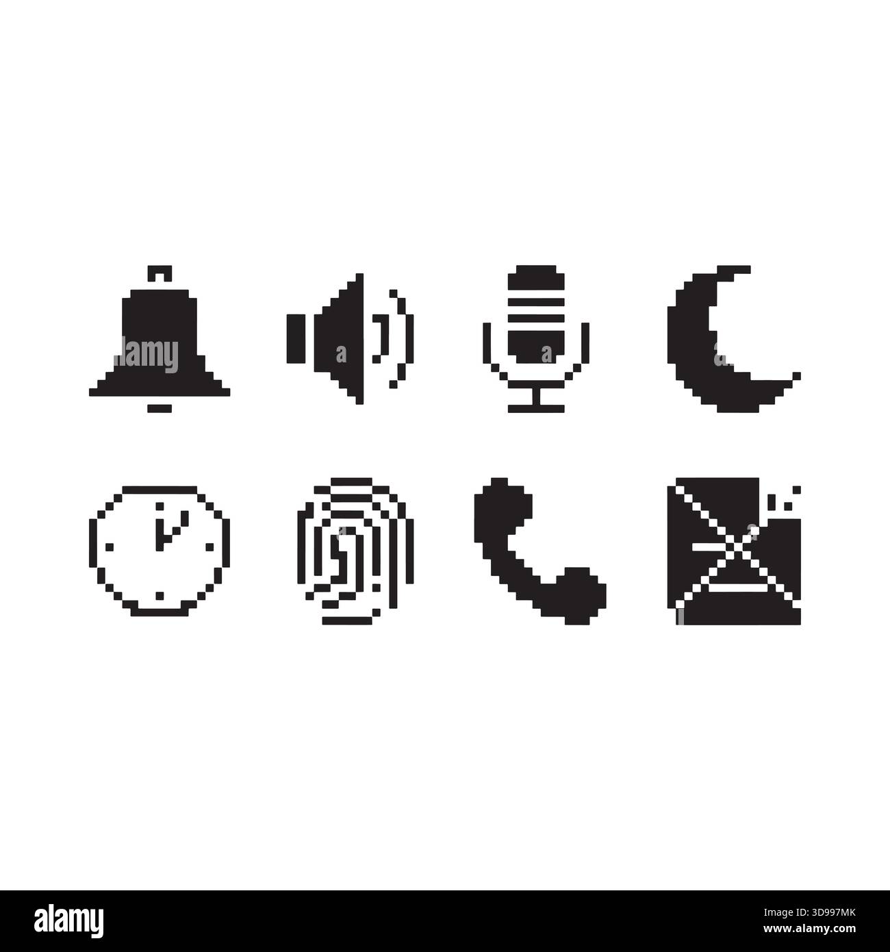Sammlung von acht wichtigen Symbolen für die digitale Schnittstelle, einschließlich Mikrofon für die Lautstärke der Benachrichtigungsglocke, Mond-Uhr, Fingerabdrucktelefon und Dokument Stock Vektor