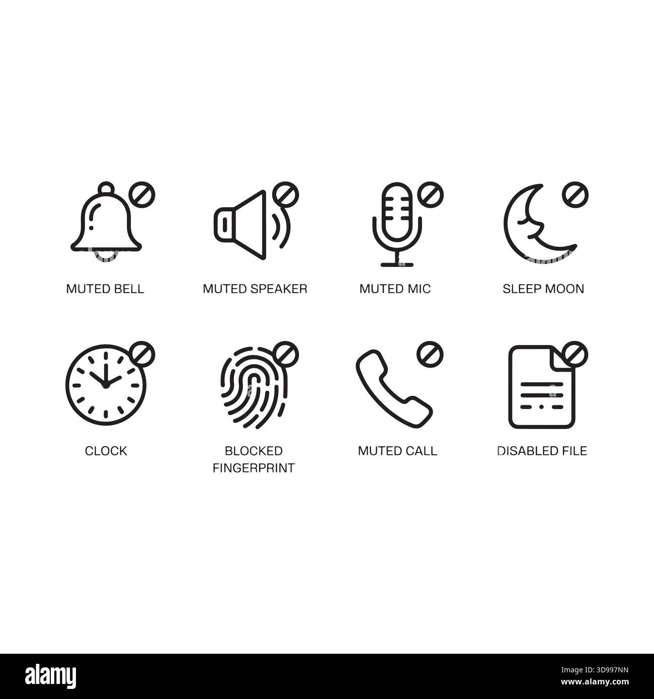 Sammlung von acht wichtigen Symbolen für die digitale Schnittstelle, einschließlich Mikrofon für die Lautstärke der Benachrichtigungsglocke, Mond-Uhr, Fingerabdrucktelefon und Dokument Stock Vektor