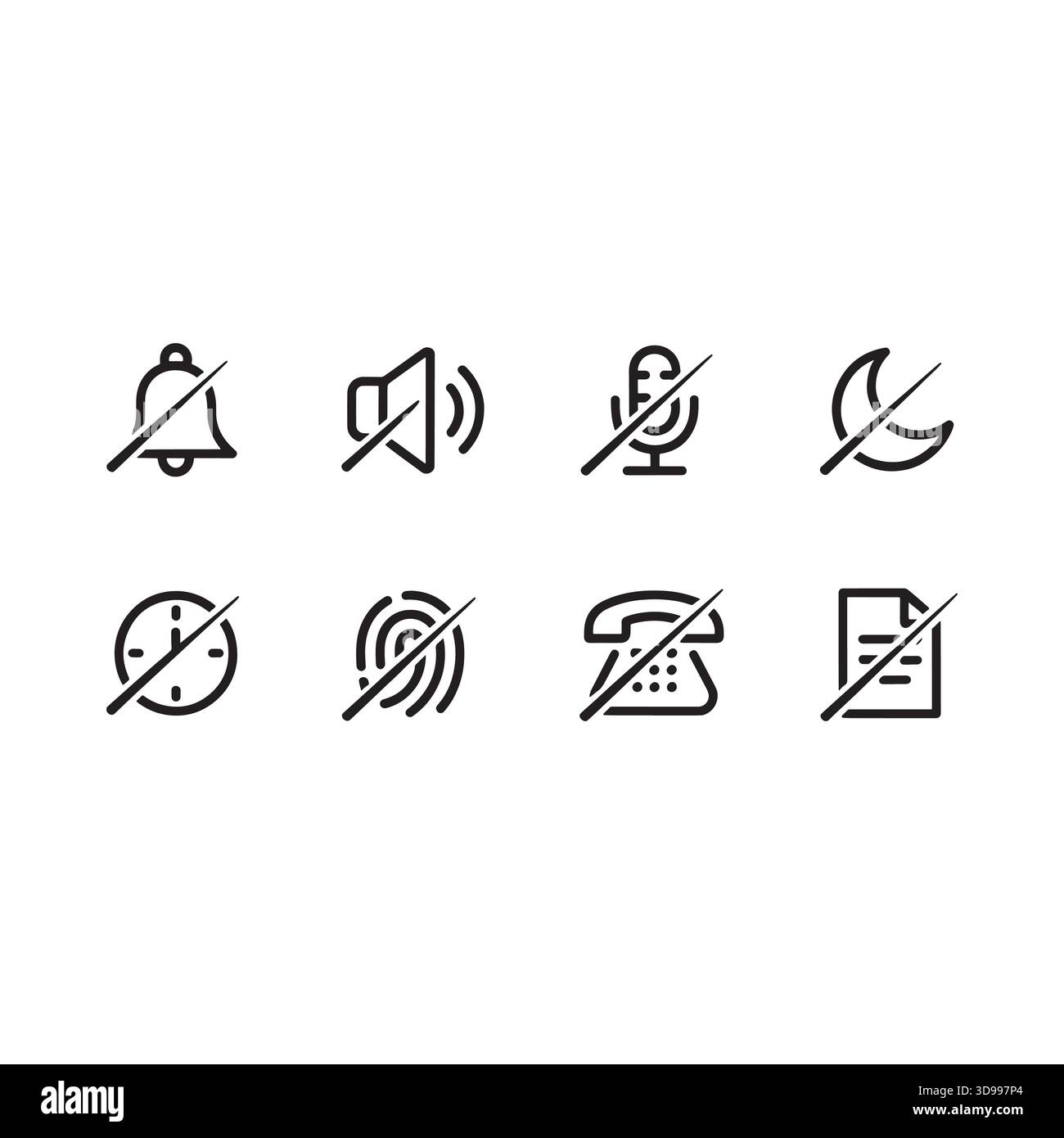 Sammlung von acht wichtigen Symbolen für die digitale Schnittstelle, einschließlich Mikrofon für die Lautstärke der Benachrichtigungsglocke, Mond-Uhr, Fingerabdrucktelefon und Dokument Stock Vektor