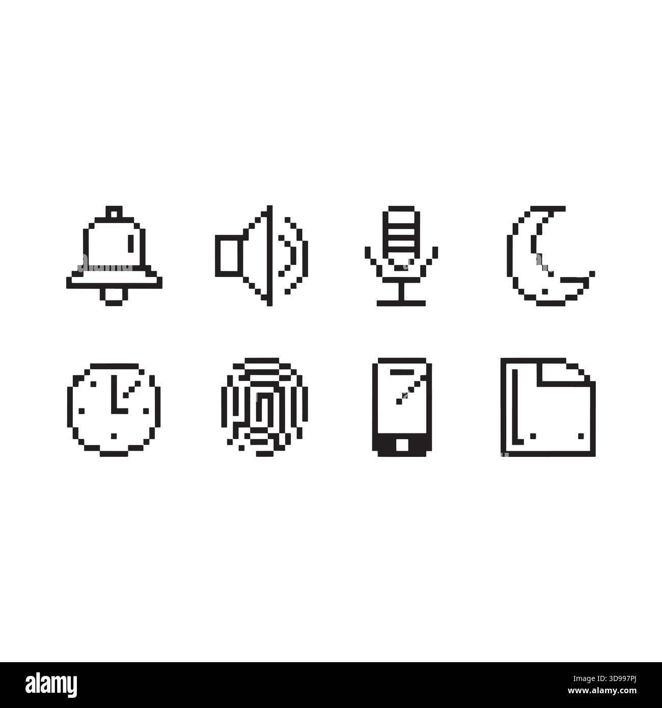 Sammlung von acht wichtigen Symbolen für die digitale Schnittstelle, einschließlich Mikrofon für die Lautstärke der Benachrichtigungsglocke, Mond-Uhr, Fingerabdrucktelefon und Dokument Stock Vektor
