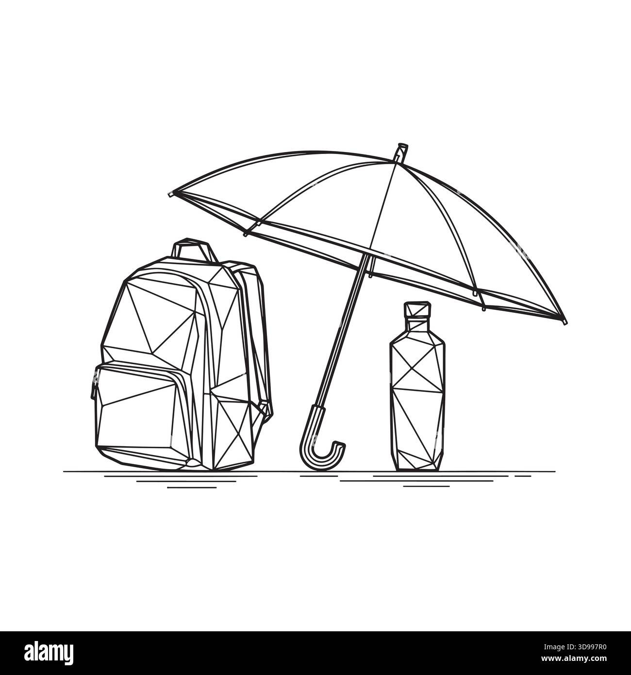 Unverzichtbare Outdoor-Ausrüstung, einschließlich eines Rucksacks mit Wasserflasche Regenschirm und einer kleinen Tasche für Reisen Stock Vektor