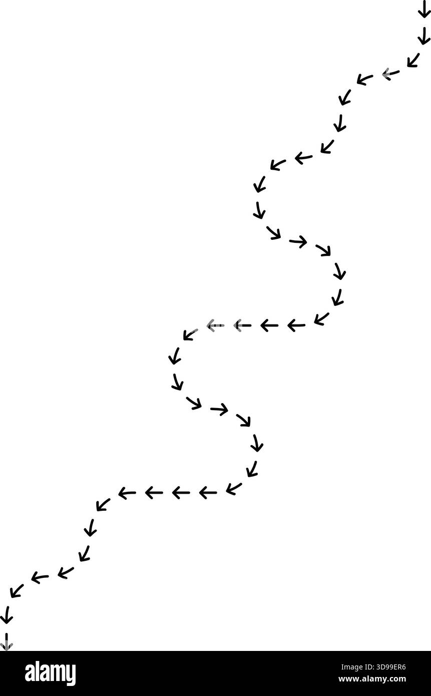 Geschwungener, gepunkteter Pfeil, der eine lange Route mit ausgedehntem gekrümmtem Richtungsfluss verfolgt. Stock Vektor