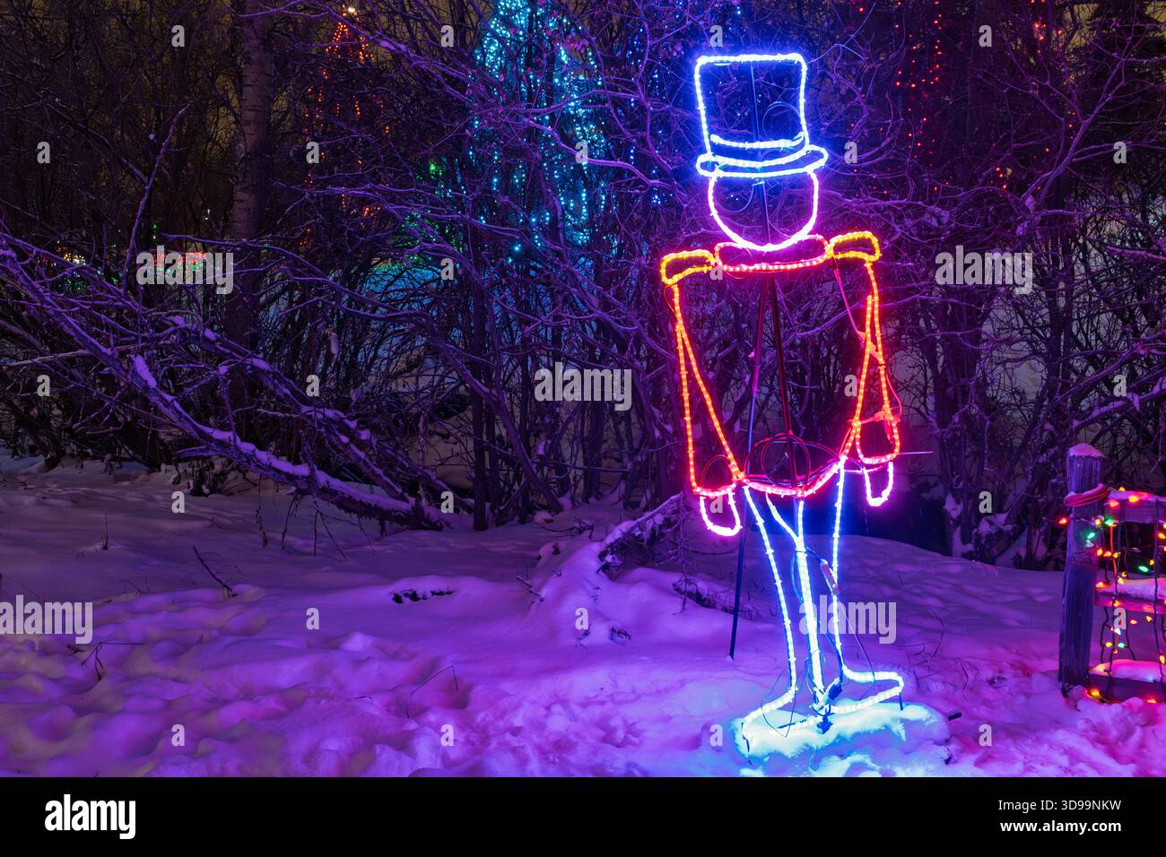Festliche Weihnachtsbeleuchtung mit leuchtender Soldatenfigur und Weihnachtsbeleuchtung im Confederation Park, Calgary Alberta Canada Stockfoto