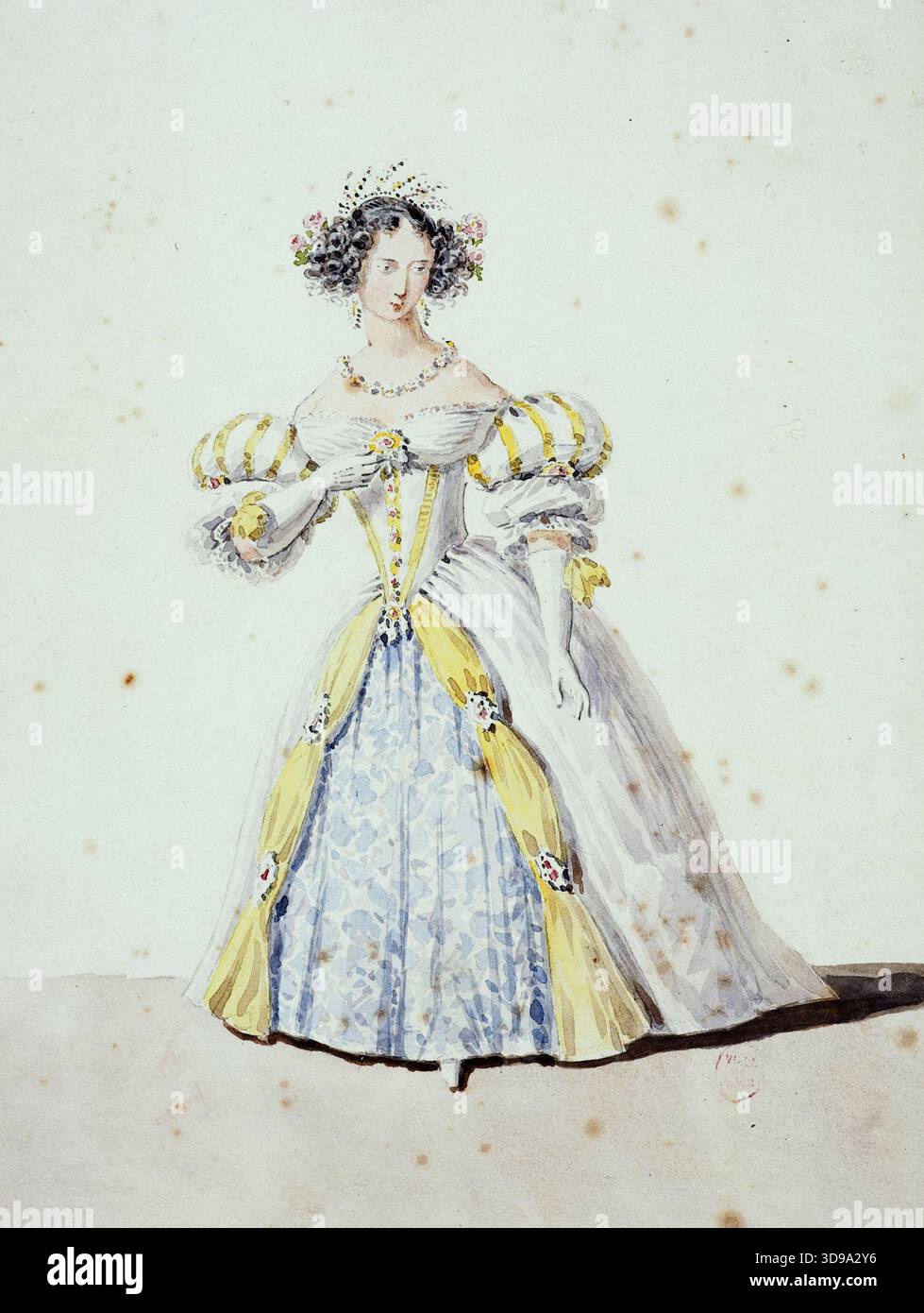 Kostüm der Mademoiselle Mars in „Happy as a Princess“ (französisches Theater, 1834), Bodin, Designer, 1834, 19. Jahrhundert, Zeichnung, Grafik, Zeichnung, Abmessungen - Kunstwerk: Höhe: 22,7 cm, Breite: 14,2 cm, Abmessungen - Museumsaufnahme: Höhe: 47,5 cm, Breite: 36,5 cm, Abmessungen - Museumsmatte: Höhe: 50 cm, Breite: 40 Stockfoto