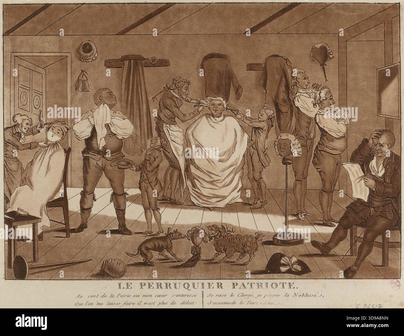 Der Patriotische Wigmaker, Bunbury, Henry-William, Zeichner, Weiss, David, Gravierer, Anonym, Gravierer, Ca. 1780-1790, Druck, Grafik, Französische Revolution, Druck, Aquatint, Abmessungen – Bildmaterial: Höhe: 25,8 cm, Breite: 35,1 cm, Abmessungen – Befestigung: Höhe: 32,5 cm, Breite: 50 Stockfoto