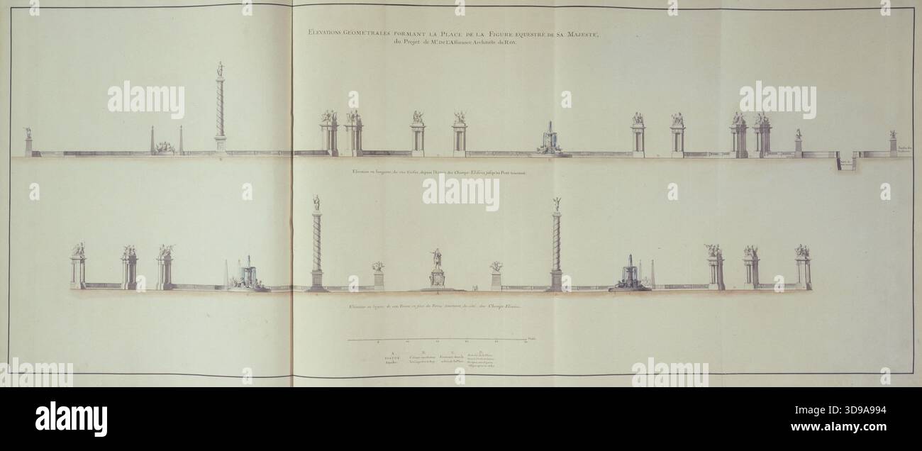 Marigny Collection: Geometrische Erhebungen, die den Platz bilden, Cailleteau, Jean (bekannt als Lassurance), Zeichner, Blondel, Jacques Francois, Zeichner, 1753, 18. Jahrhundert, Zeichnen, Grafik, Architektur - Stadtplanung, Architekturzeichnung, Plan, Abschnitt, Höhe, Abmessungen – Arbeit: Höhe: 64,4 cm, Breite: 147,8 cm Stockfoto