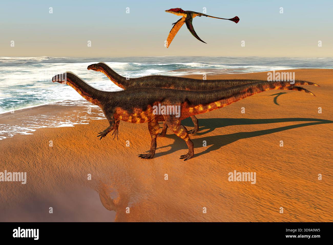 Plateosaurus war ein pflanzenfressender Dinosaurier der Prosauropoden, der im Trias-Zeitalter Europas lebte. Eudimorphodon war ein räuberisches fliegendes Reptil, das lebte Stockfoto