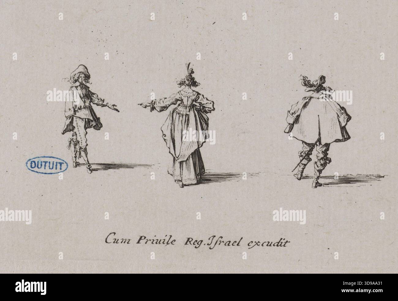 Die Fantasien, Eine Lady mit der rechten Faust auf der Hüfte und der linken Hand, von hinten gesehen, zwischen zwei Männern. Neunte Nummer in einer Serie von 14 Drucken (Lieure 1380, Meaume 876), Callot, Jacques, Graveur, erste Hälfte des 17. Jahrhunderts, Druck, Grafik, Originaldruck, Ätzen, Abmessungen – Arbeit: Höhe: 6,1 cm, Breite: 8,2 Stockfoto