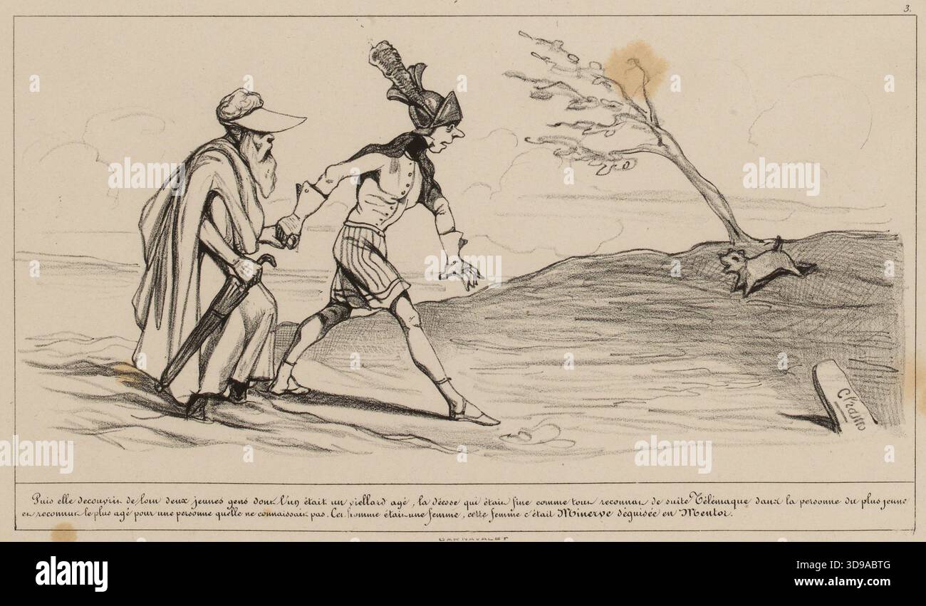 3. Dann sah sie in der Ferne zwei junge Leute, von denen einer ein älterer Mann war.../4. Calypso, der nicht mehr in der Lage war, die Freude, die sie fühlte, zu halten, Cham (Amédée Charles de Noé, bekannt als), Zeichner und Lithograph, Aubert et Cie, Drucker, Aubert et Cie, Verleger, Print, Grafik, Print, Lithografie, Abmessungen – Arbeit: Höhe: 35,2 cm, Breite: 27,3 Stockfoto