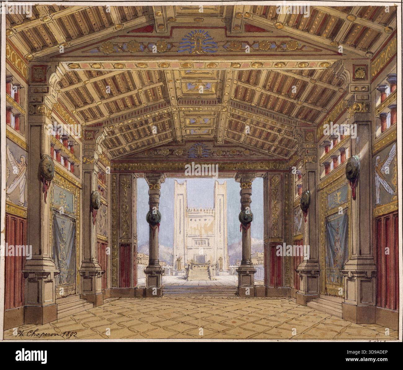 Bühnenentwurf für Jean Racines Athalie (französisches Theater), 1892, von Philippe-Marie Chaperon, 1892, Zeichnung, Grafik, Zeichnung, Abmessungen - Bildmaterial: Höhe: 16,2 cm, Breite: 21,6 cm, Abmessungen - Originalhalterung: Höhe: 25 cm, Breite: 30 cm, Abmessungen - Museummatte: Höhe: 50 cm, Breite: 65 Stockfoto
