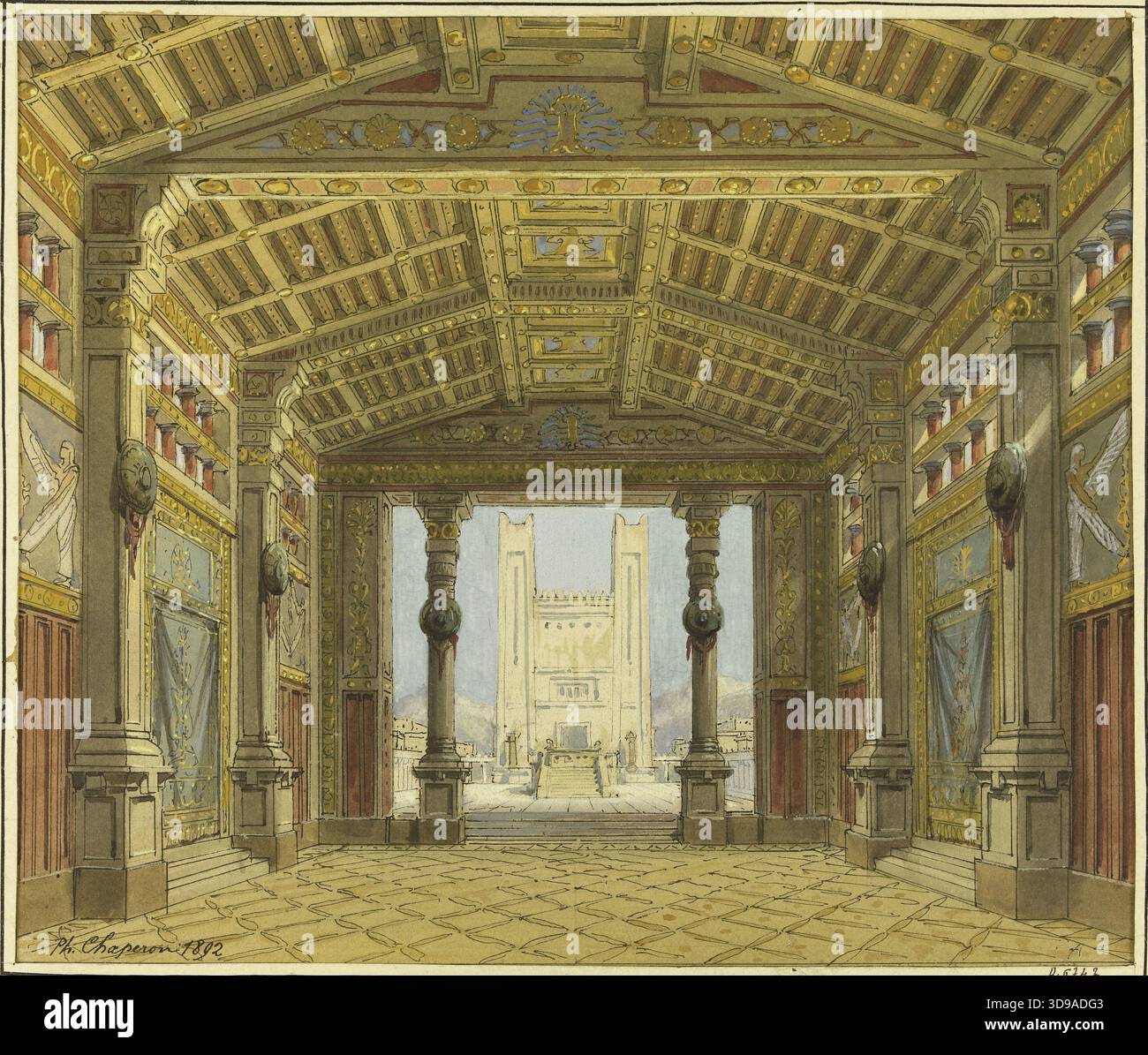 Bühnenentwurf für Jean Racines Athalie (französisches Theater), 1892, von Philippe-Marie Chaperon, 1892, Zeichnung, Grafik, Zeichnung, Abmessungen - Bildmaterial: Höhe: 16,2 cm, Breite: 21,6 cm, Abmessungen - Originalhalterung: Höhe: 25 cm, Breite: 30 cm, Abmessungen - Museummatte: Höhe: 50 cm, Breite: 65 Stockfoto