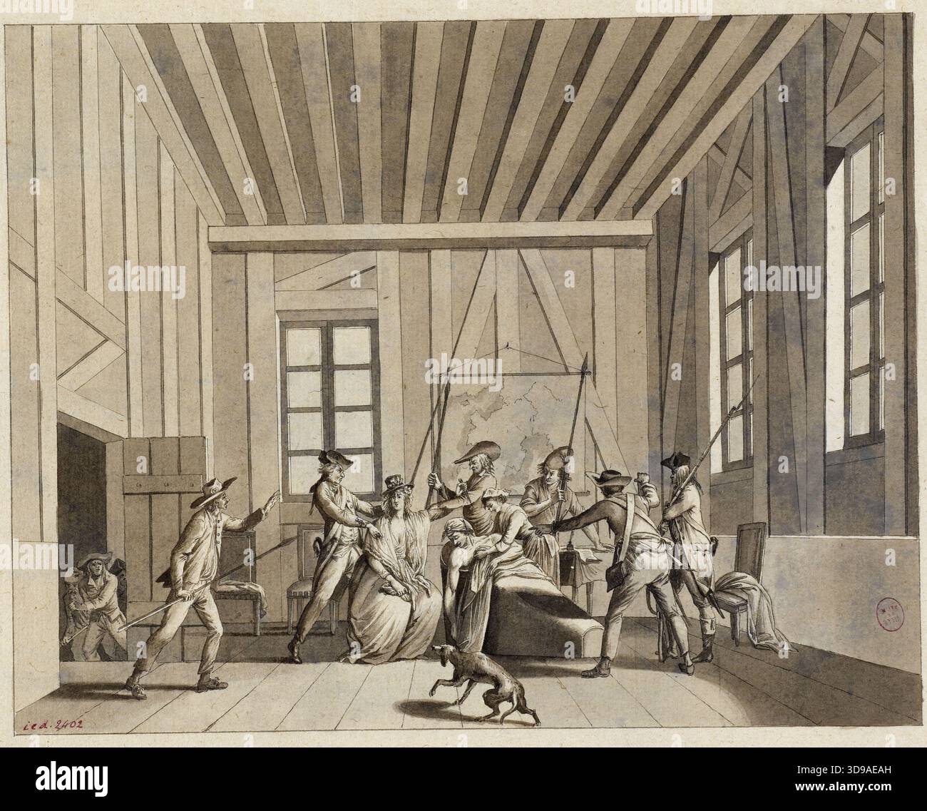 Die Ermordung von Marat, 13. Juli 1793, Chauvet, Jules-Adolphe, Zeichner, zwischen 1828 und 1900, 19. Jahrhundert, Zeichnen, Grafik, Zeichnen, Bistre Wash, Abmessungen - Kunstwerk: Höhe: 27,9 cm, Breite: 32,5 cm, Abmessungen - Museumsaufnahme: Höhe: 40 cm, Breite: 50 Stockfoto
